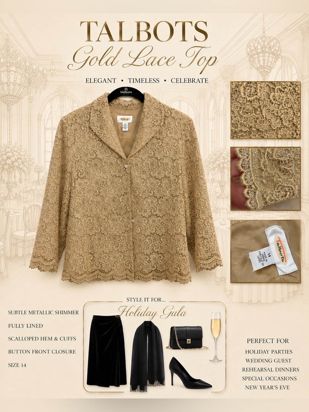 Talbots Metallic Gold Metallic Lace Jacket Top | Holiday Formal Event | Size 14